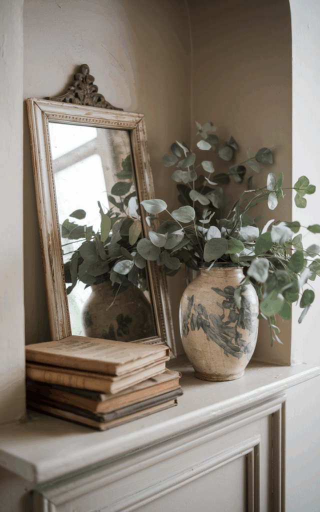 Lean a small vintage mirror against the back panel