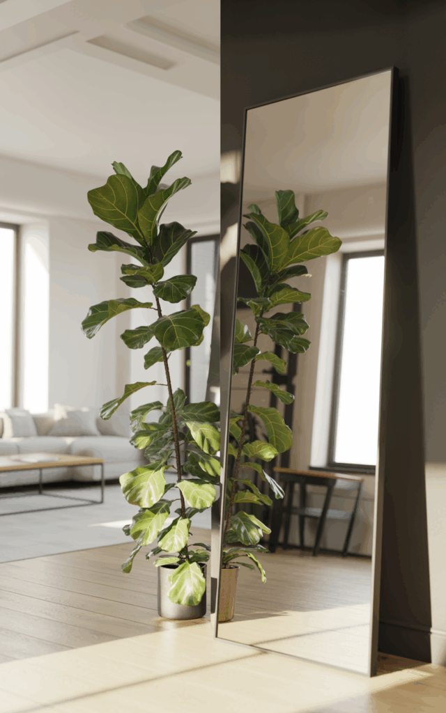 Lean a tall plant beside a mirror