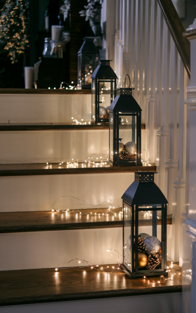 Line each stair with lanterns filled with ornaments.