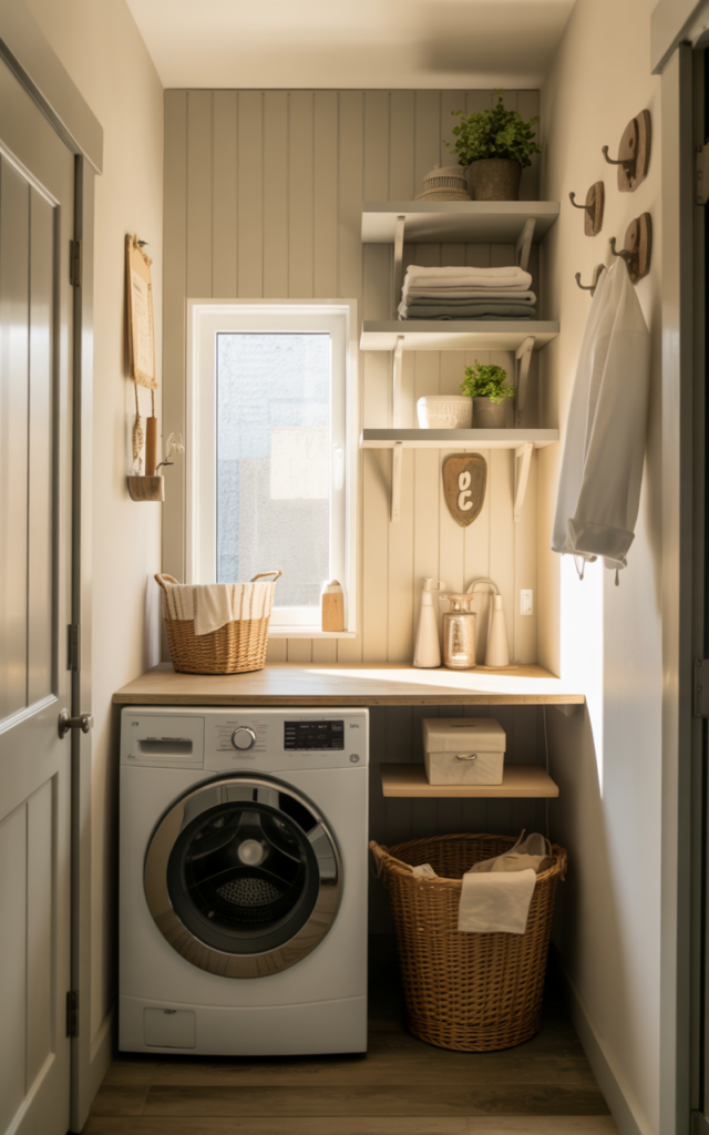 Line the back wall with vertical shiplap to create subtle texture