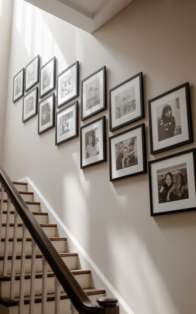 Line the stairs with black and white family photos