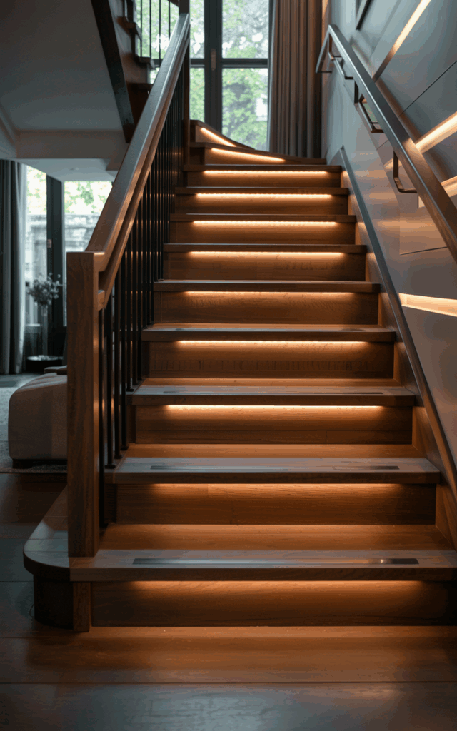 Mount integrated LED strip lighting under the handrail.