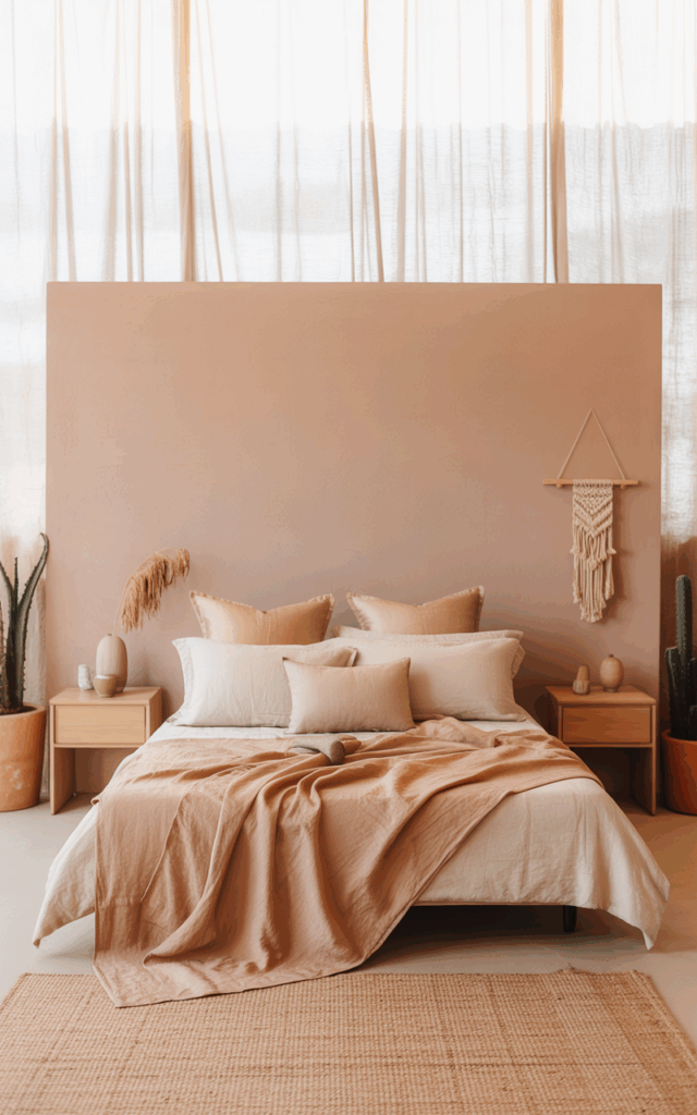 Paint a muted clay-pink accent wall behind your bed