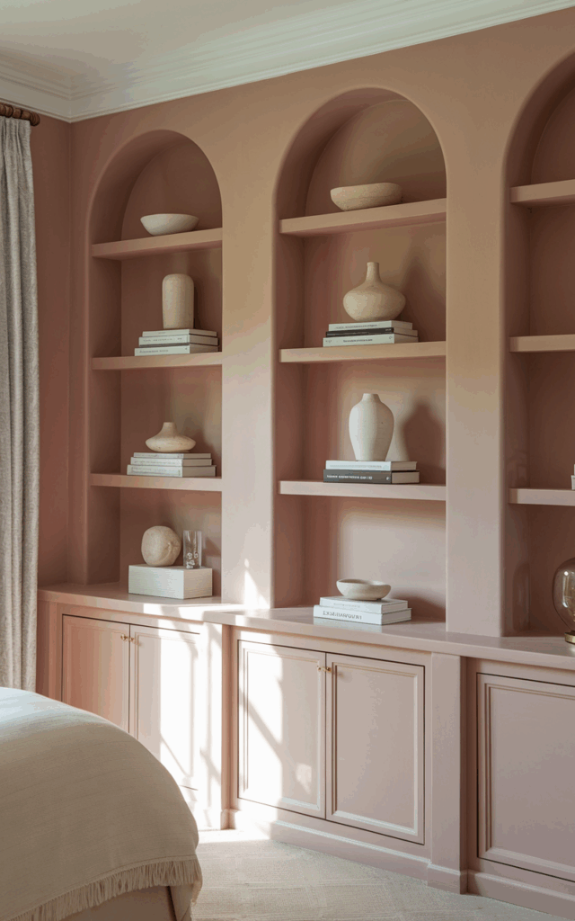 Paint built-in shelves a dusty rose tone