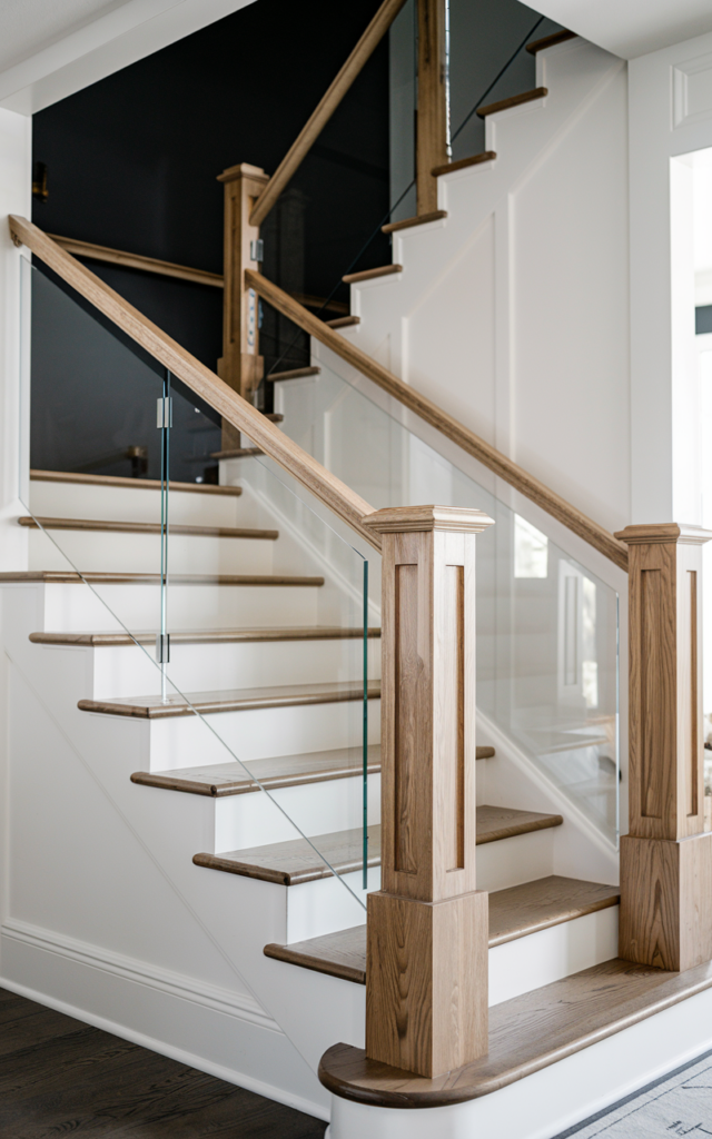 Pair Clear Glass with a Warm Wooden Handrail