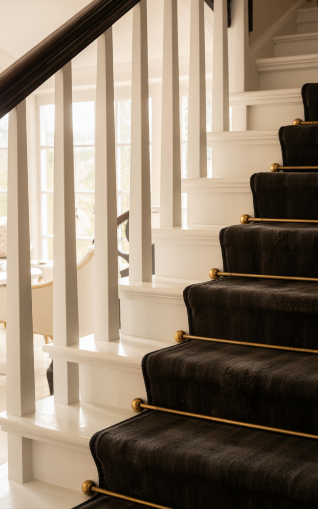 Pair a black stair runner with brass accents