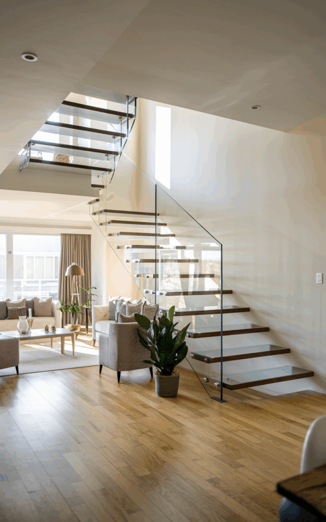 Pair glass railings with slim black metal framing