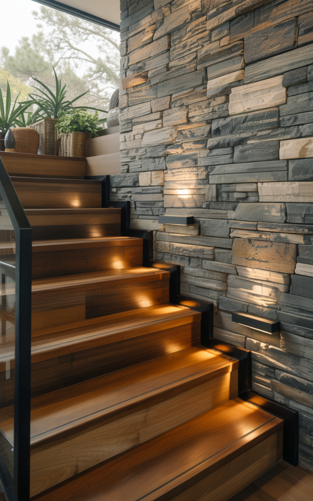 Pair stair lighting with natural materials like wood and stone.