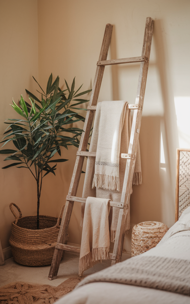 Repurpose an Old Ladder as a Blanket Rack