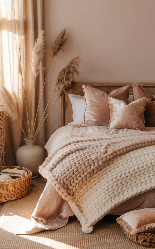 Style an earthy pink bedroom with seasonal texture swaps