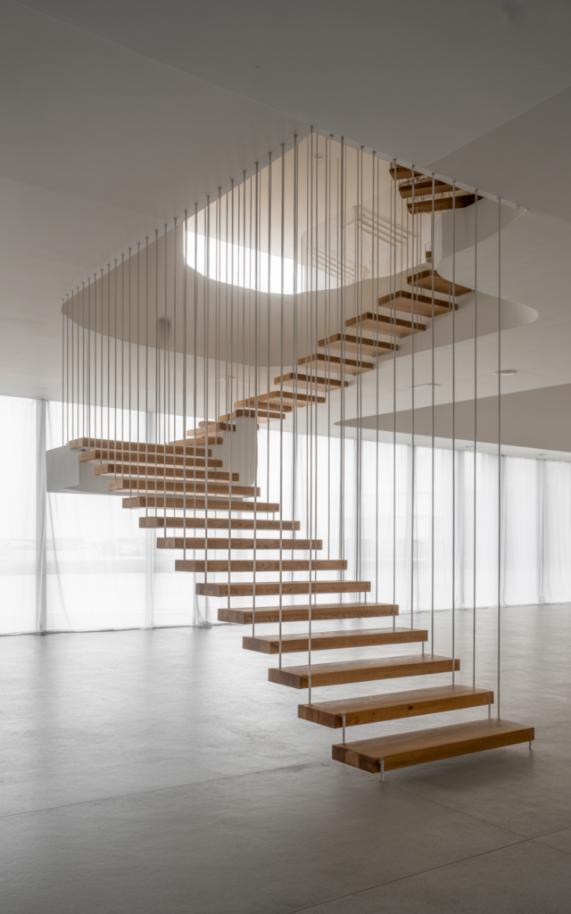 Suspend the staircase from the ceiling using metal rods for a floating illusion.