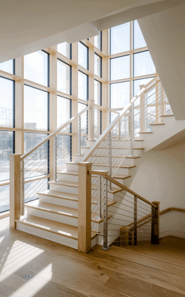 Swap bulky railings for horizontal cable lines.