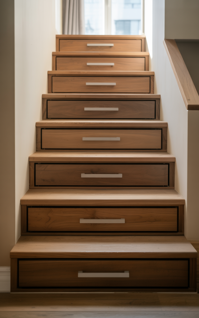 Use closed risers to integrate subtle storage drawers