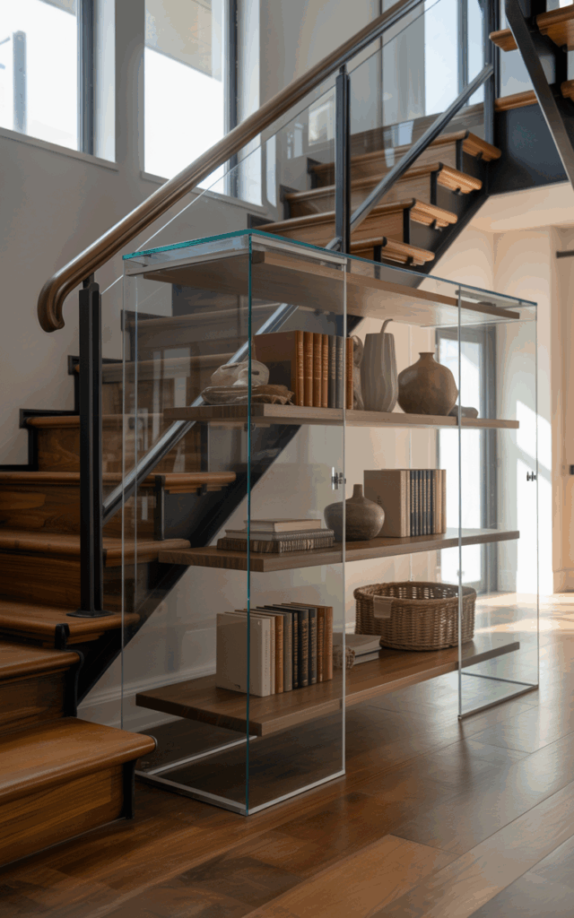 Use under-stair glass enclosures for micro storage rooms