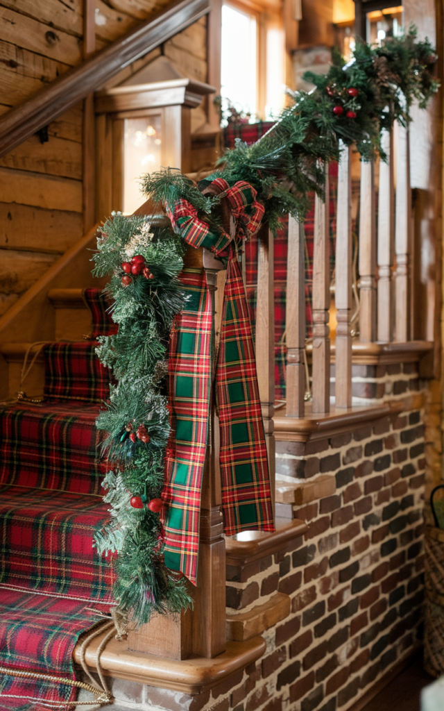 Wrap Plaid Ribbon Through the Banister