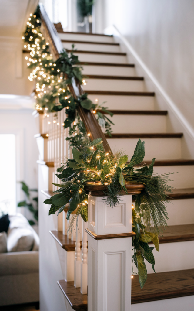 Wrap greenery only at the top third of the staircase.