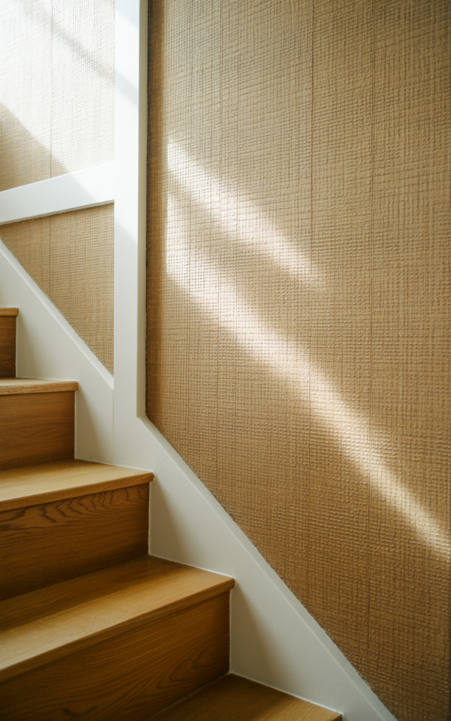 Wrap the staircase wall in textured wallpaper