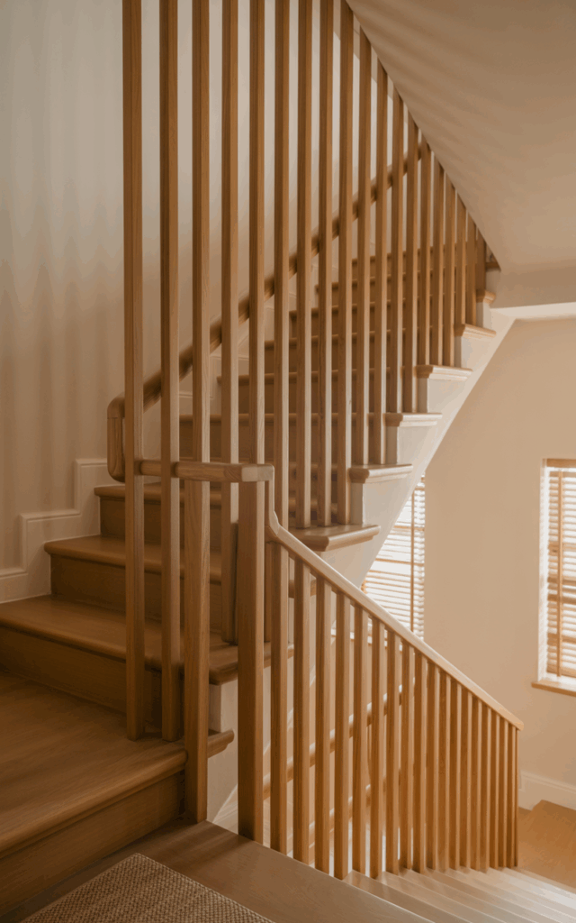 Wrap the staircase with vertical wood slats
