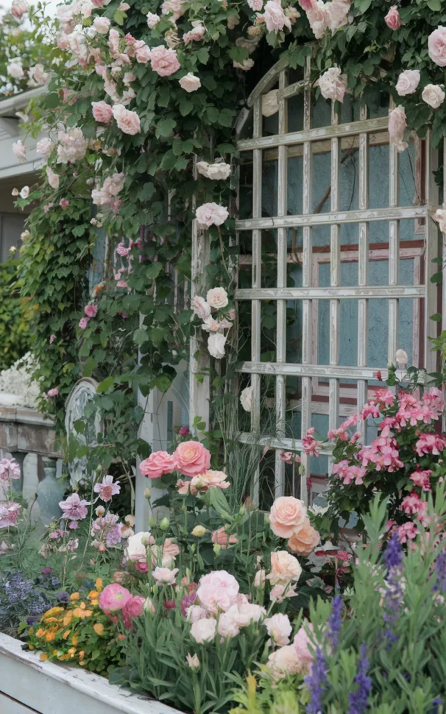 Add a distressed wooden trellis behind flower beds 🌸