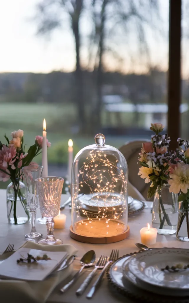 Add soft fairy lights in a glass cloche ✨