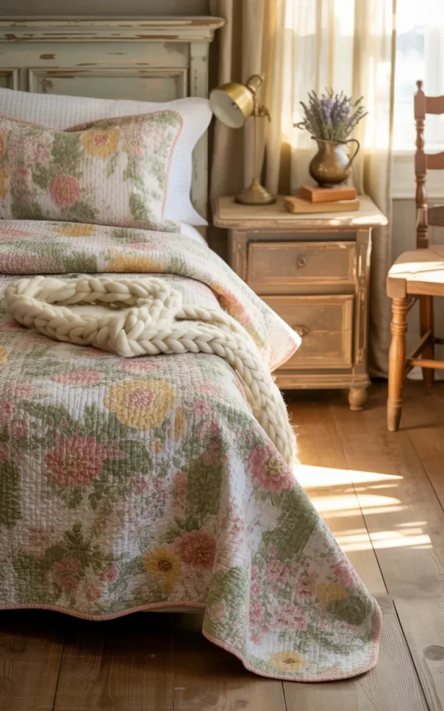 Add vintage-inspired floral quilts for cottage charm 🏡