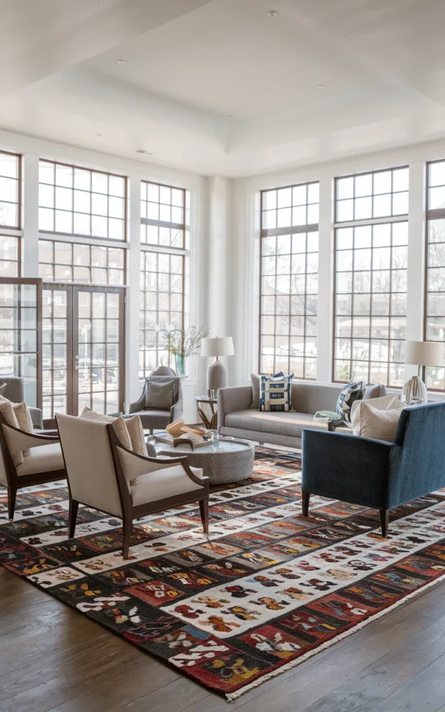 Anchor the space with a bold rug