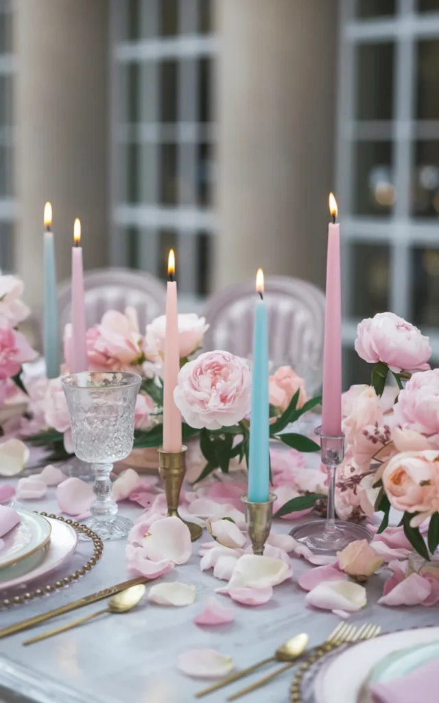 Decorate with pastel candles and flower petals 🌷