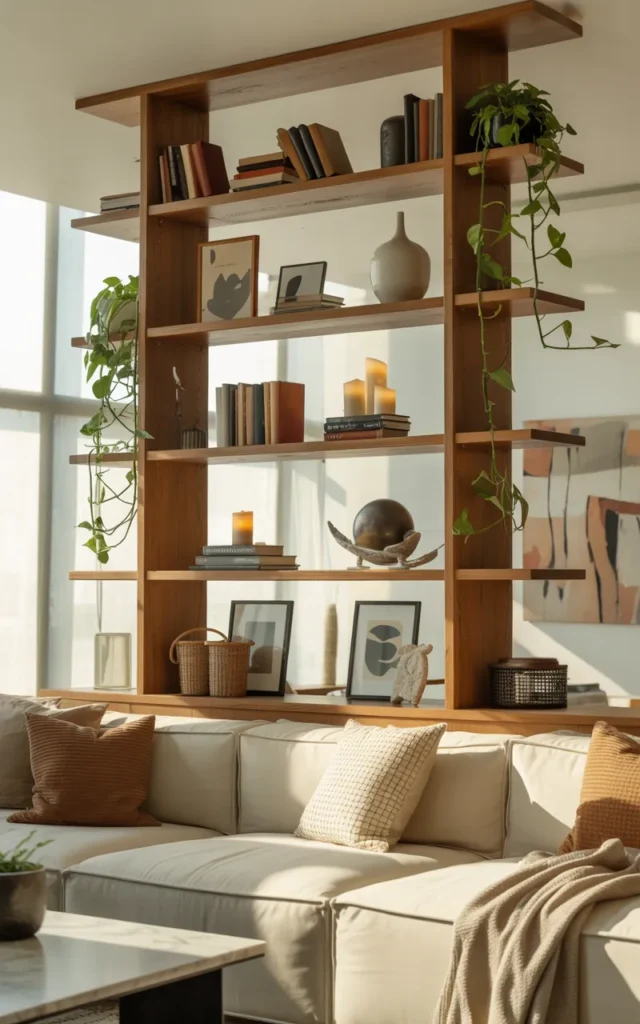 Design a ceiling-mounted partition with hanging shelves