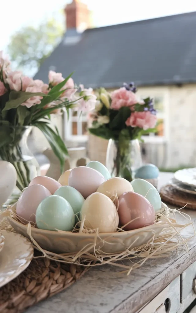 Display a bowl of pastel decorative eggs 🥚