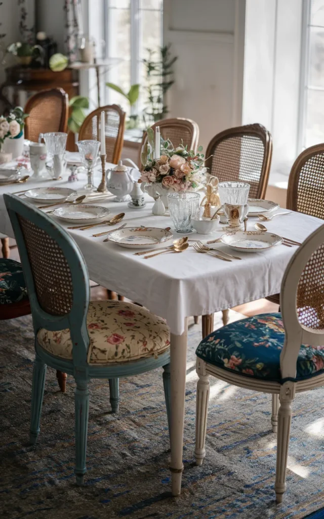 Display mismatched vintage chairs around the table 🪑