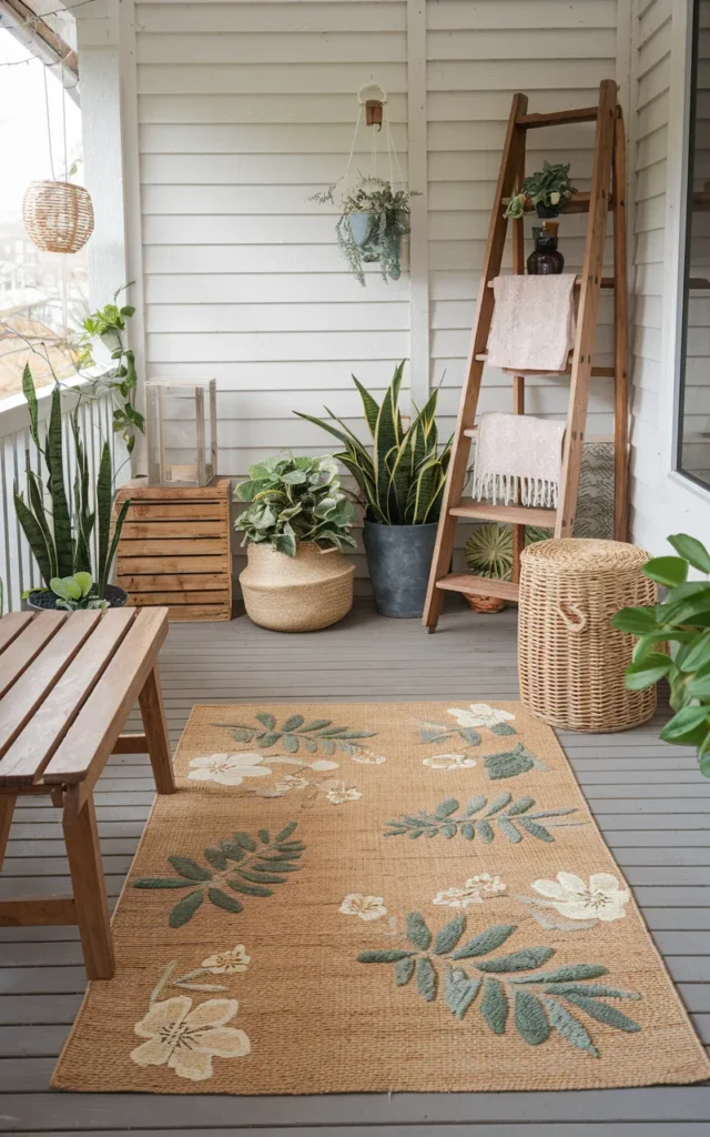 Drape a lightweight outdoor rug across the porch floor 🌿