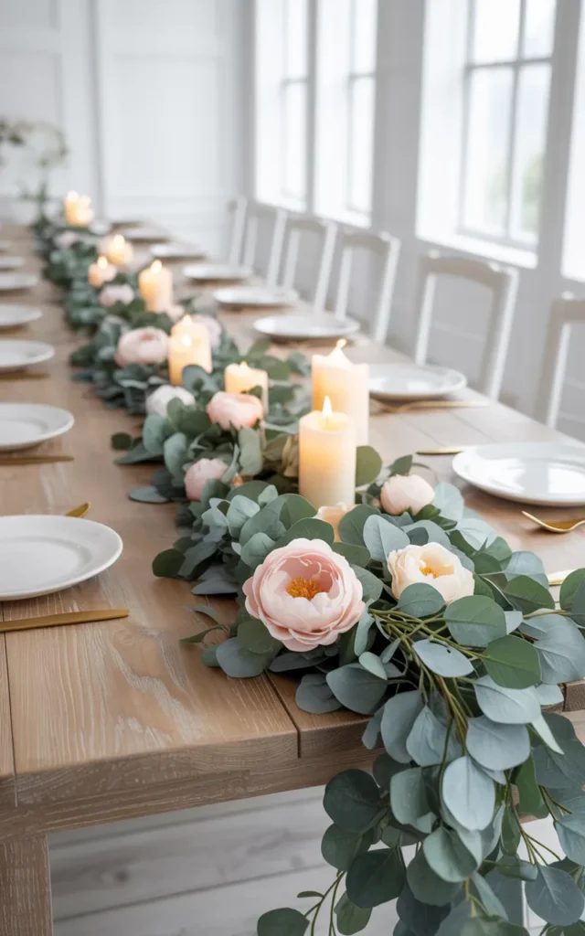 Drape faux eucalyptus garland along the table 🌿