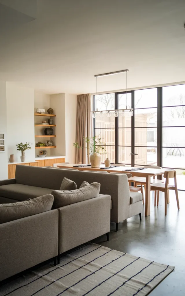 Float a dining bench as a subtle partition