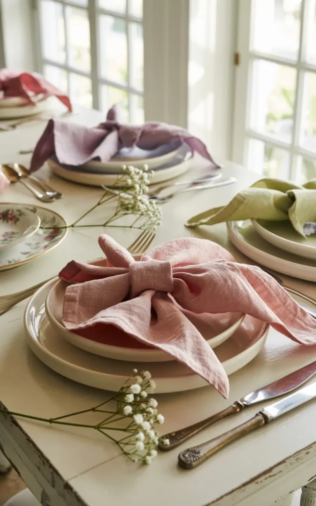 Fold linen napkins in pastel tones 💐