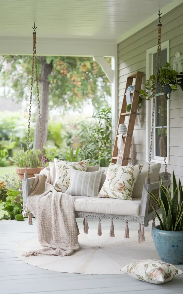 Hang a porch swing with floral cushions 🌸