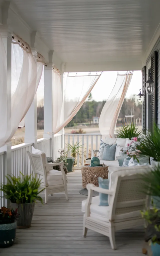 Hang sheer outdoor curtains for softness 🤍