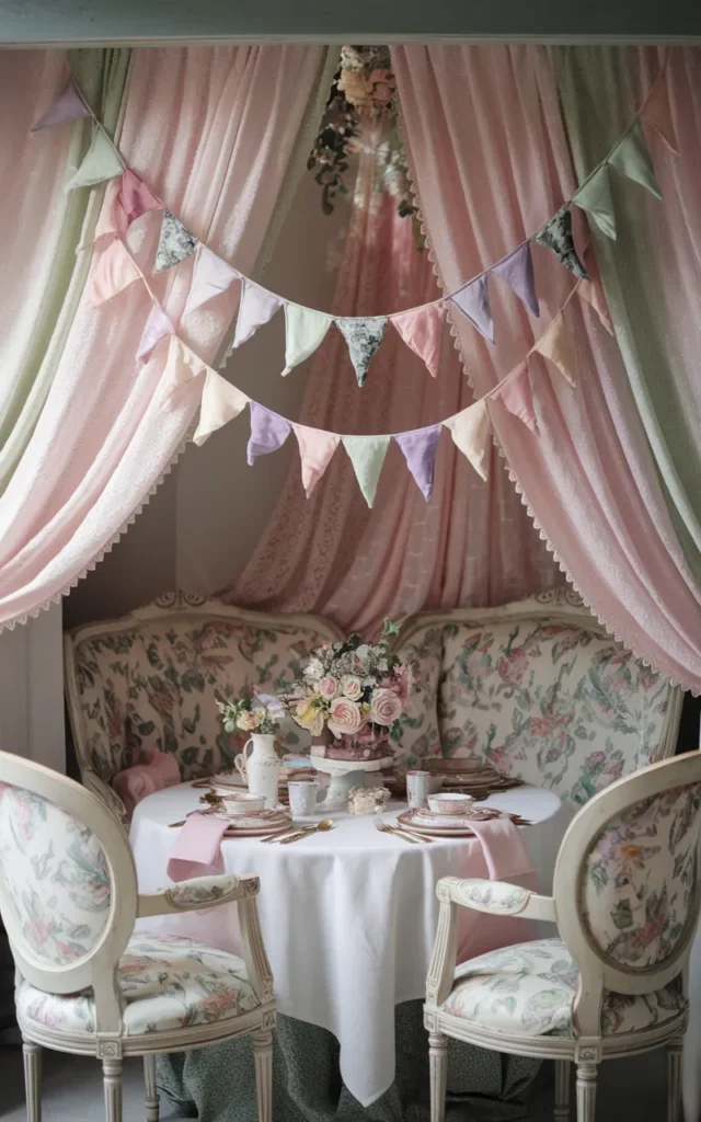 Hang soft pastel bunting above the seating area 🎀