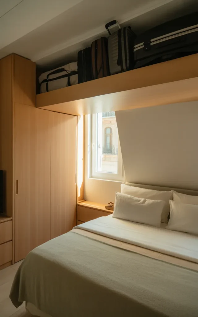 Incorporate loft storage above the wardrobe