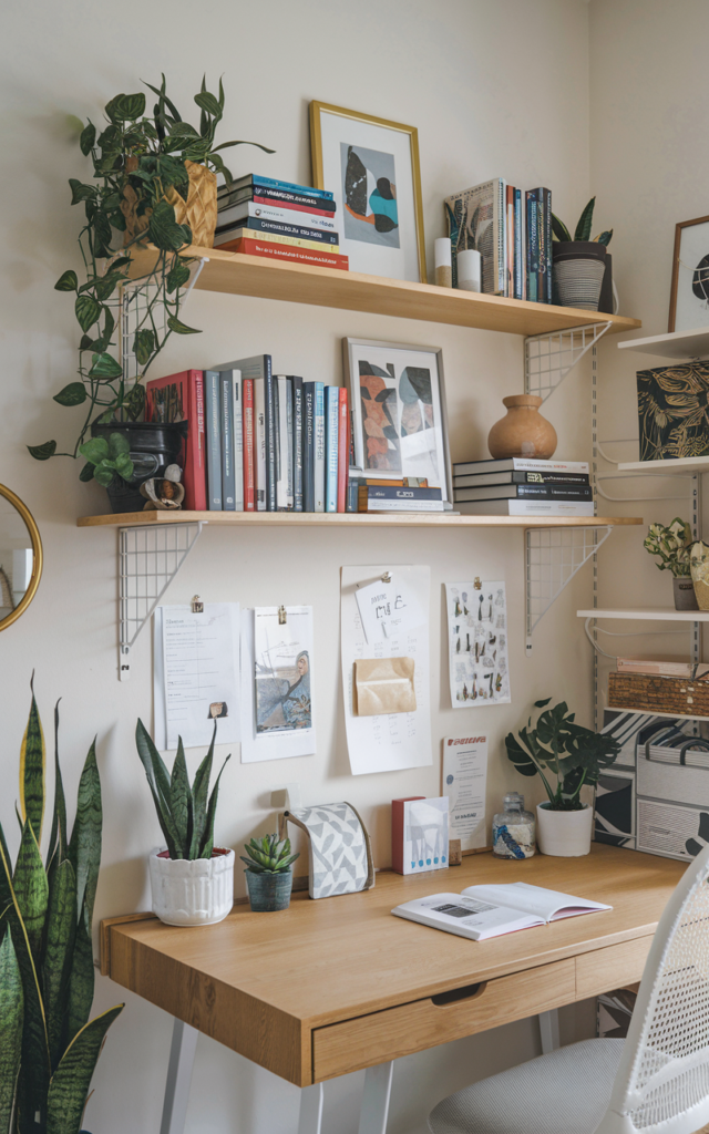 Install floating shelves for display + storage