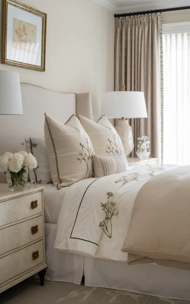 Introduce embroidered floral bedding for subtle luxury ✨