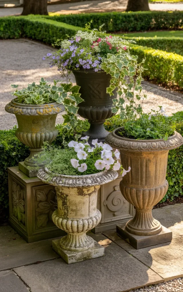 Layer mismatched vintage urns around focal points 🏺