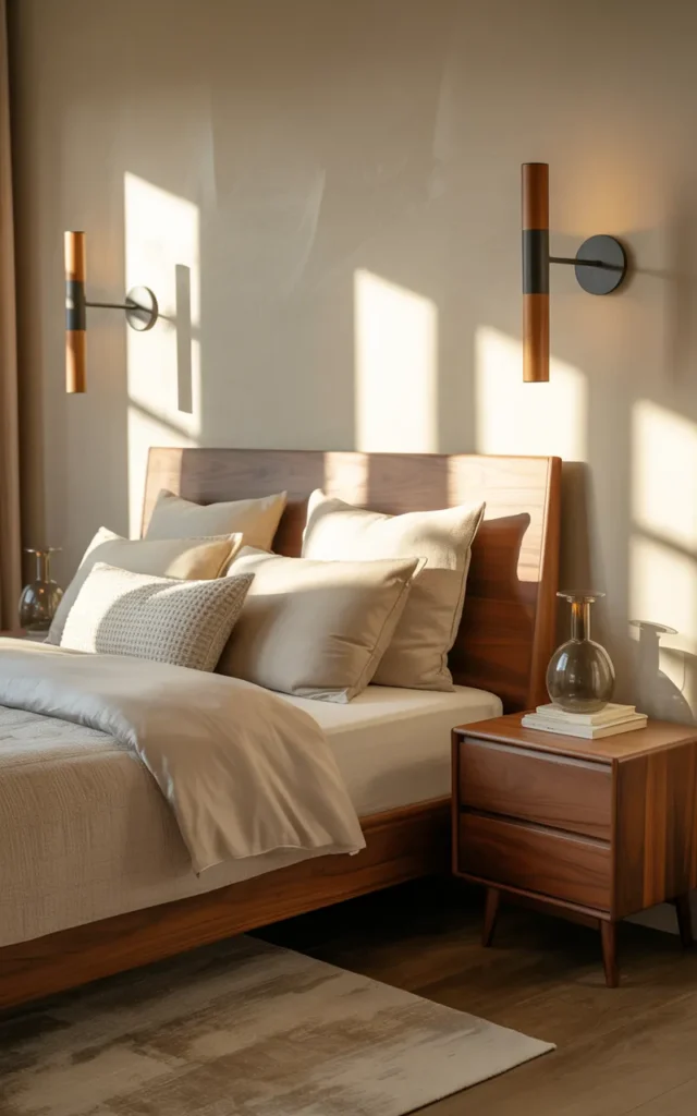 Mix black metal and wood sconces in the bedroom