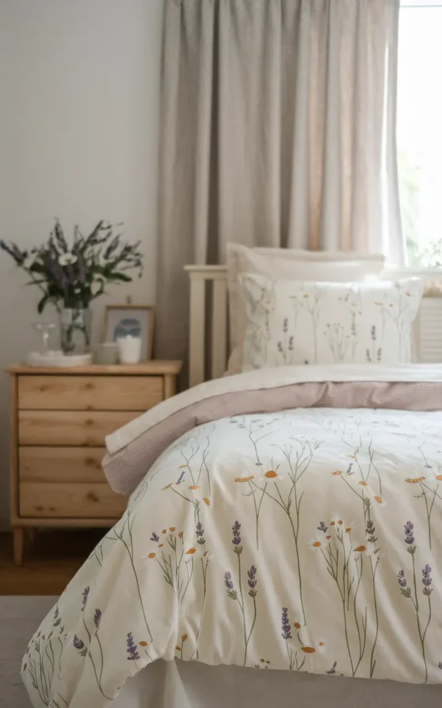 Mix delicate wildflower sheets with a solid comforter 🌼