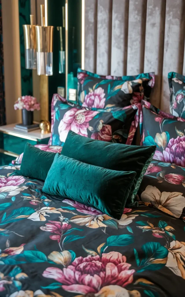 Mix floral bedding with velvet cushions for luxury 🌺
