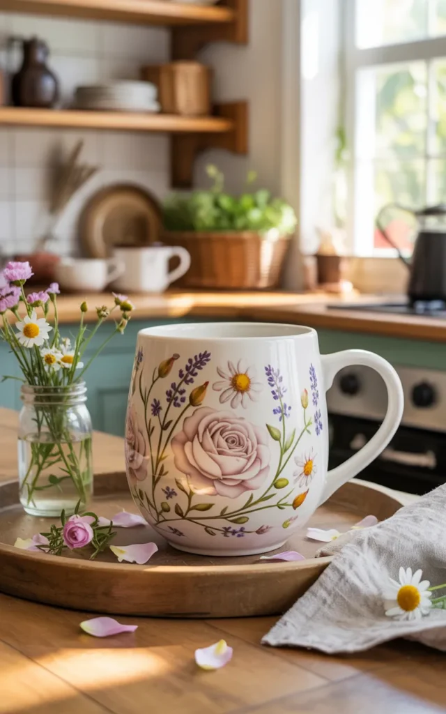 Paint delicate floral vines around the mug 🌷