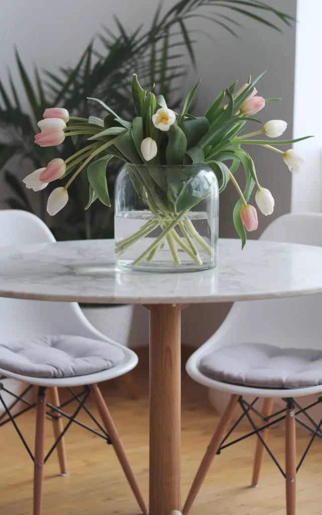 Place a vase of fresh tulips in the center 🌷