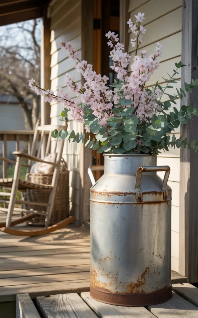 Place a vintage milk can with branches 🌿