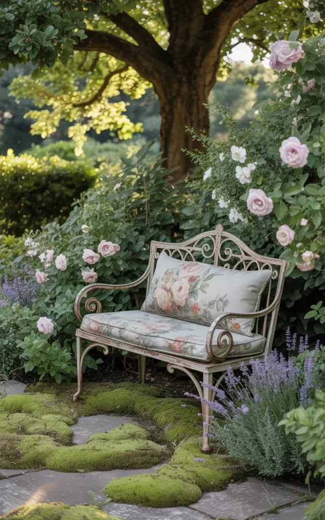 Place a weathered wrought-iron bench beneath a tree 🌳