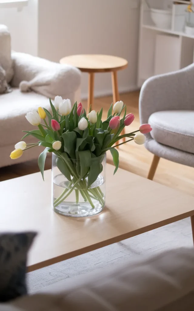 Place fresh tulips in a clear glass vase 🌼