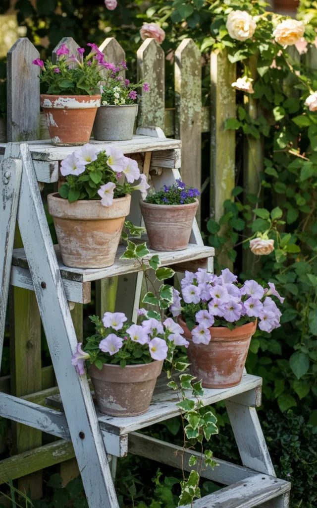 Repurpose an old wooden ladder as a plant stand 🌿